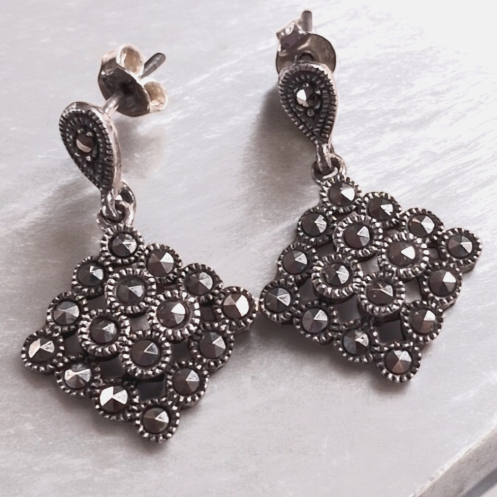 Vintage Sterling Silver 925 Marcasite Dangle Earrings